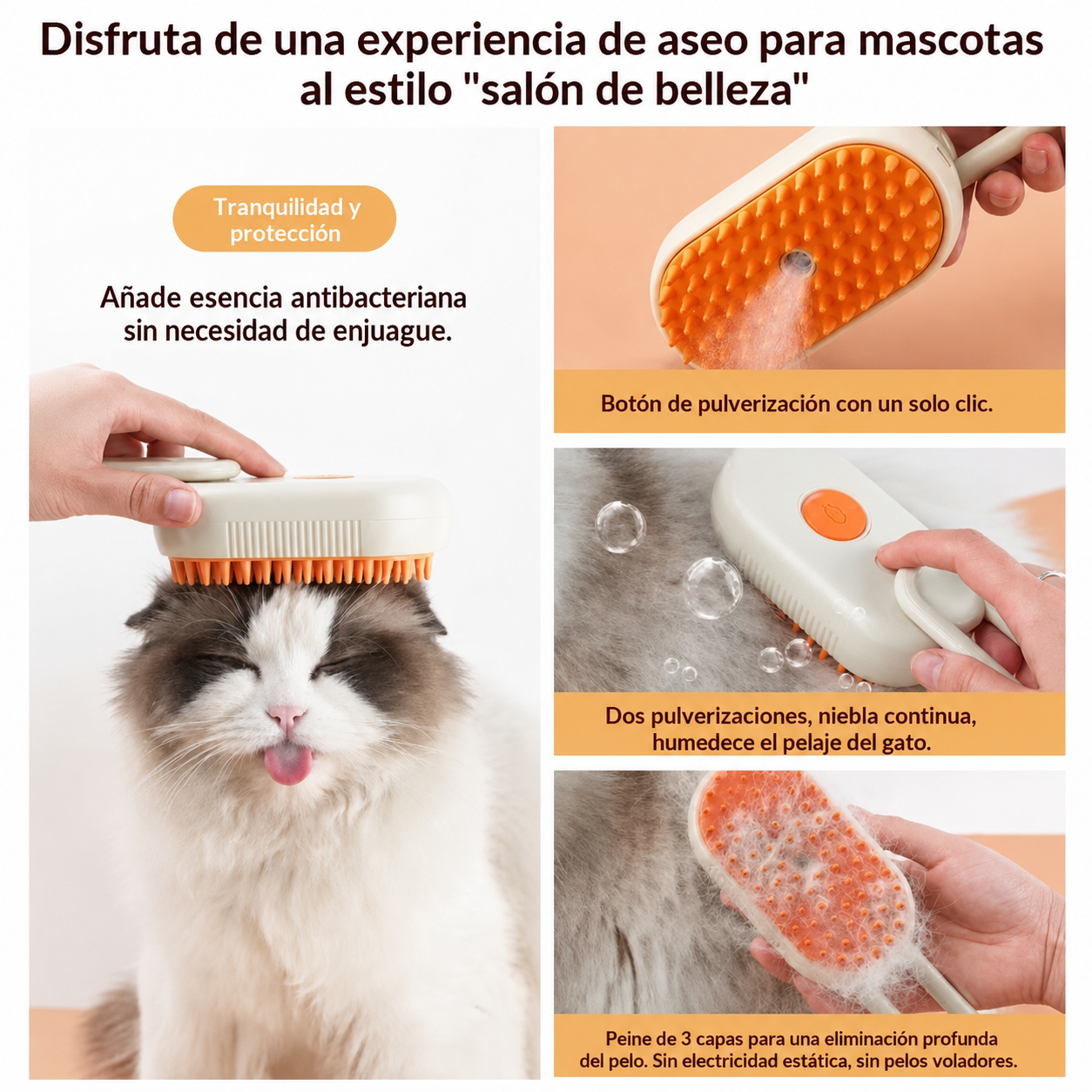 Cepillo Vaporizador 3 en 1 para Mascotas Antiestático y Desenredante