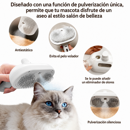 Cepillo Vaporizador 3 en 1 para Mascotas Antiestático y Desenredante